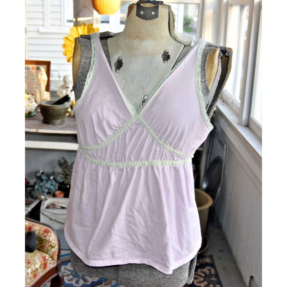 Vintage 1980s "Character" Pink Cotton Cami Beige Lace Trim Tie Back Size Medium